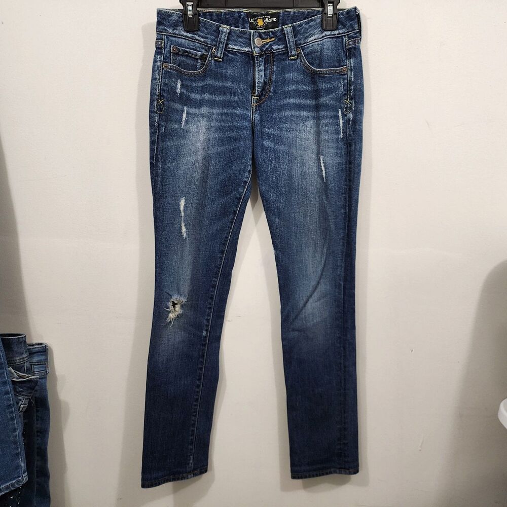 Lucky Brand Lola Skinny Jeans Blue Mid Rise Medium Wash Distressed Denim Size 27